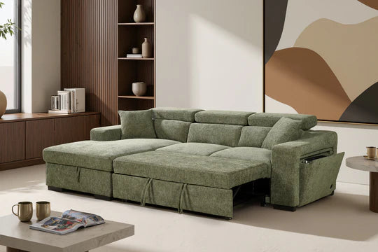 Green Chenille Fabric 1C2 Corner Sofabed with Storage  NOBILE