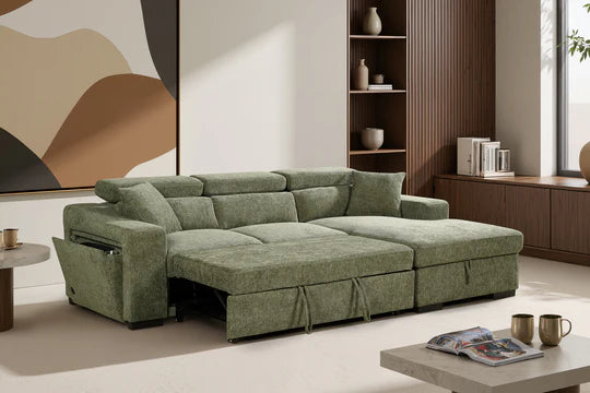 Green Chenille Fabric 2C1 Corner Sofabed with Storage NOBILE