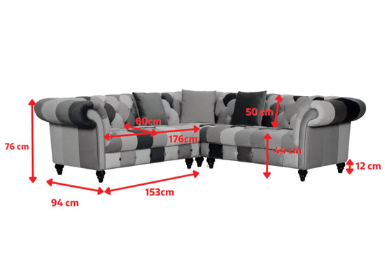 Multicoloured Velvet Patchwork 2C2 Seater Scroll Arm Chesterfield Corner Sofa AMALFI