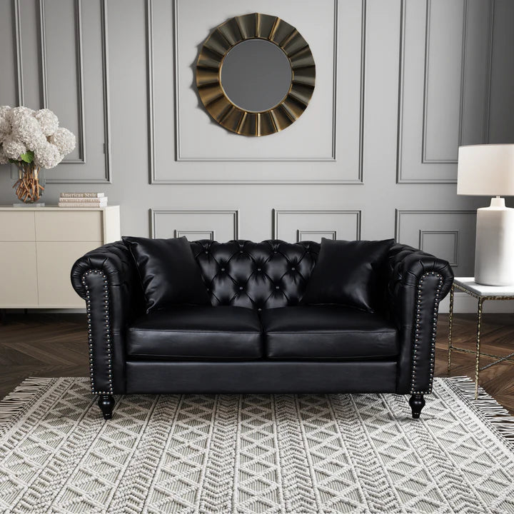 Faux Leather Black 2 Seater Chesterfield Sofa With Wooden Feet MODERNO