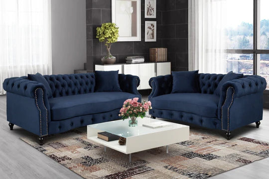 Velvet Navy Blue 3 + 2 Seater Chesterfield Sofa Set LUSSO