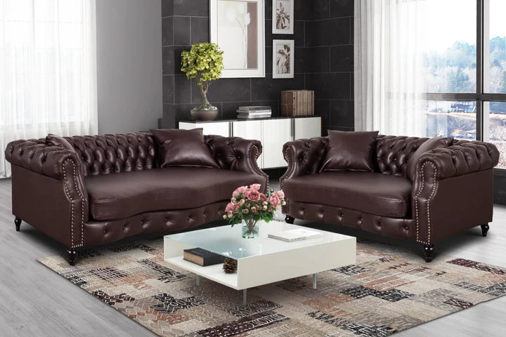 Faux Leather Brown 3 + 2 Seater Chesterfield Sofa Set LUSSO