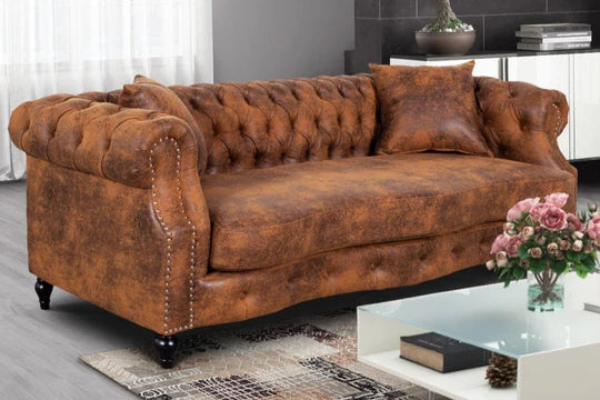 Faux Leather Suede Brown 3 Seater Chesterfield Sofa LUSSO(5)
