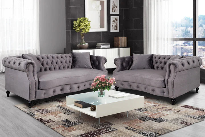 Velvet Dark Grey 3 + 2 Seater Chesterfield Sofa Set LUSSO
