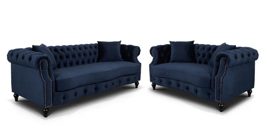 Velvet Navy Blue 3 + 2 Seater Chesterfield Sofa Set LUSSO