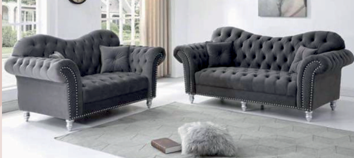 Fabric Grey  2+3  Seater Chesterfield Sofa GRAZIA