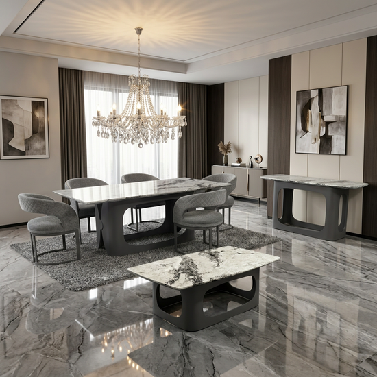 Lina 180cm Grey Marble Dining Table Grey Metal Base