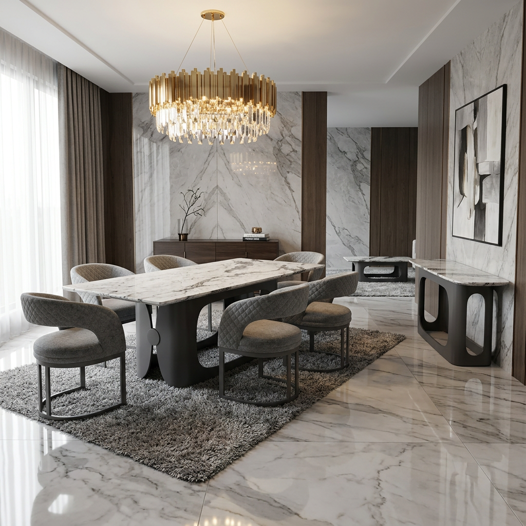 Lina 180cm Grey Marble Dining Table Grey Metal Base