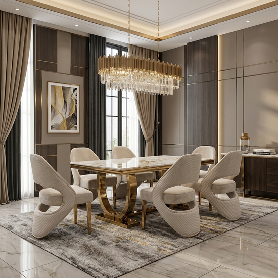 Ariana 180cm White Cream & Gold Marble Dining Table