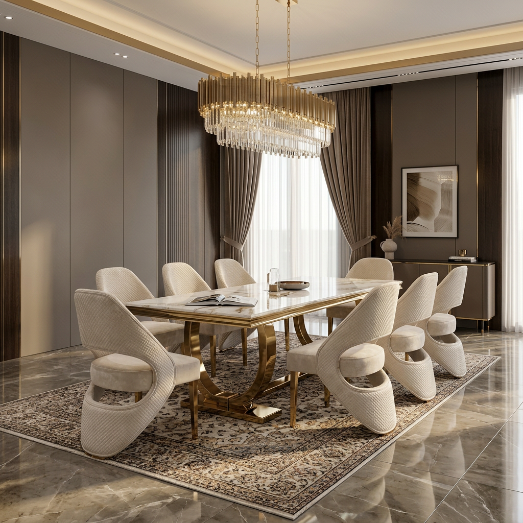 Ariana 180cm White Cream & Gold Marble Dining Table