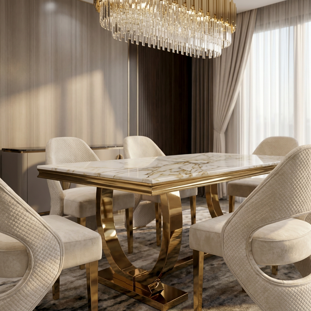 Ariana 180cm White Cream & Gold Marble Dining Table