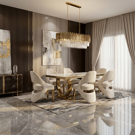 Ariana 180cm White Cream & Gold Marble Dining Table