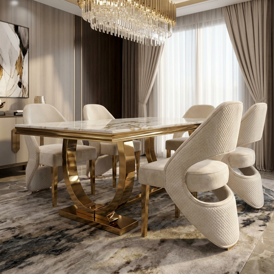 Ariana 180cm White Cream & Gold Marble Dining Table