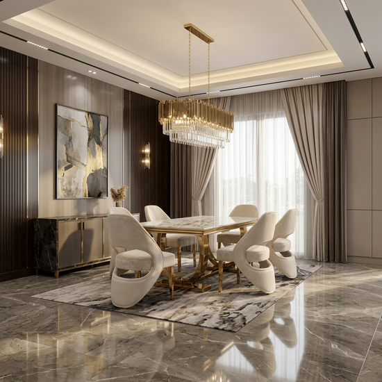 Ariana 180cm White Cream & Gold Marble Dining Table