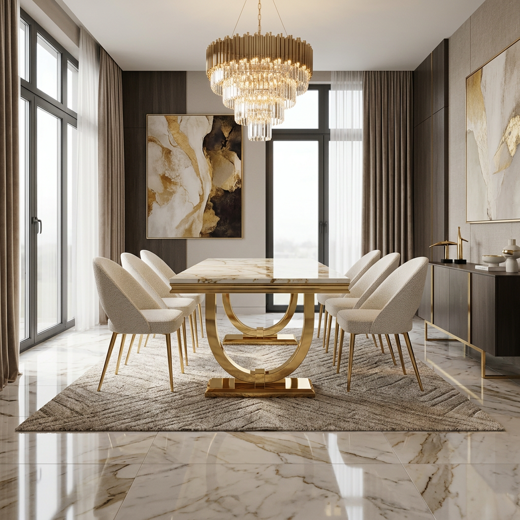 Ariana 160cm White Cream & Gold Marble Dining Table