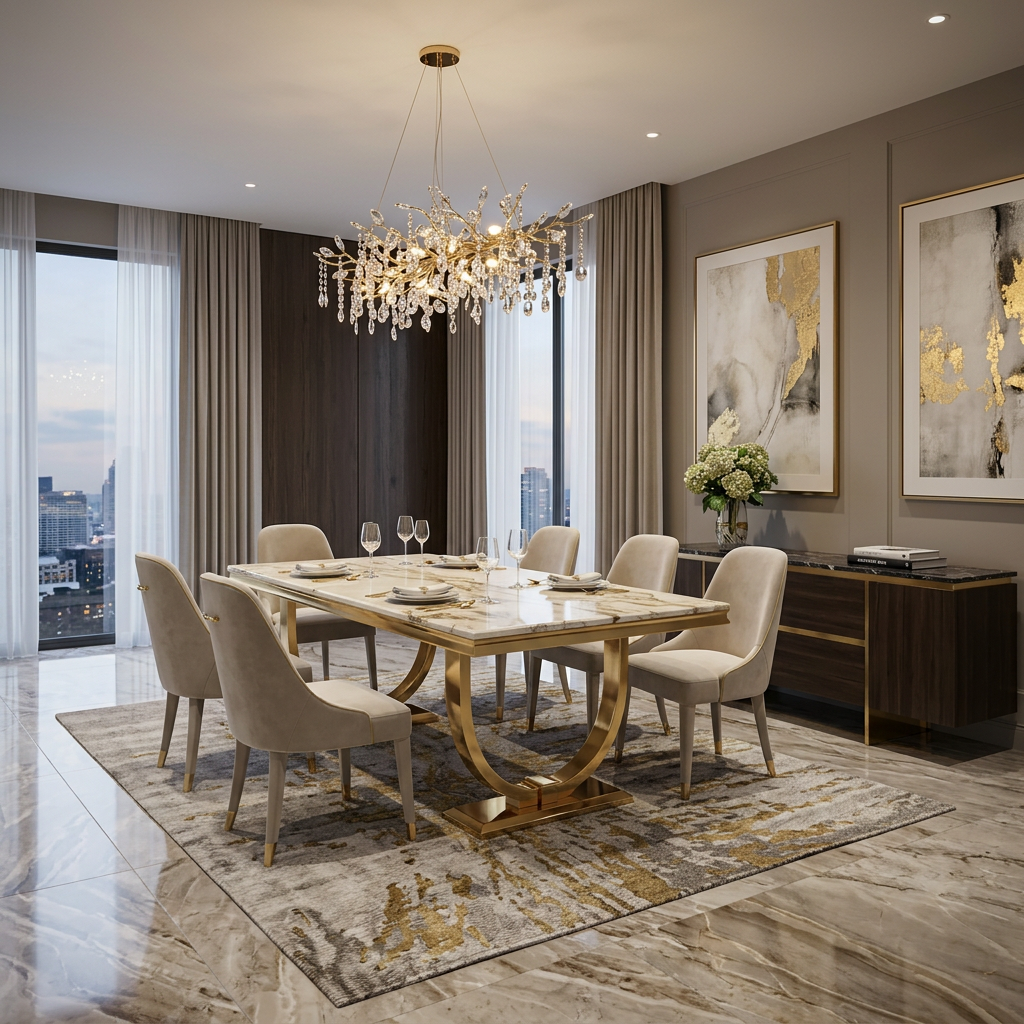 Ariana 160cm White Cream & Gold Marble Dining Table