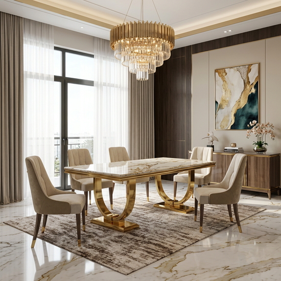 Ariana 160cm White Cream & Gold Marble Dining Table