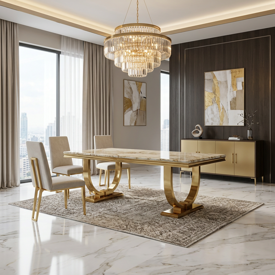 Ariana 160cm White Cream & Gold Marble Dining Table
