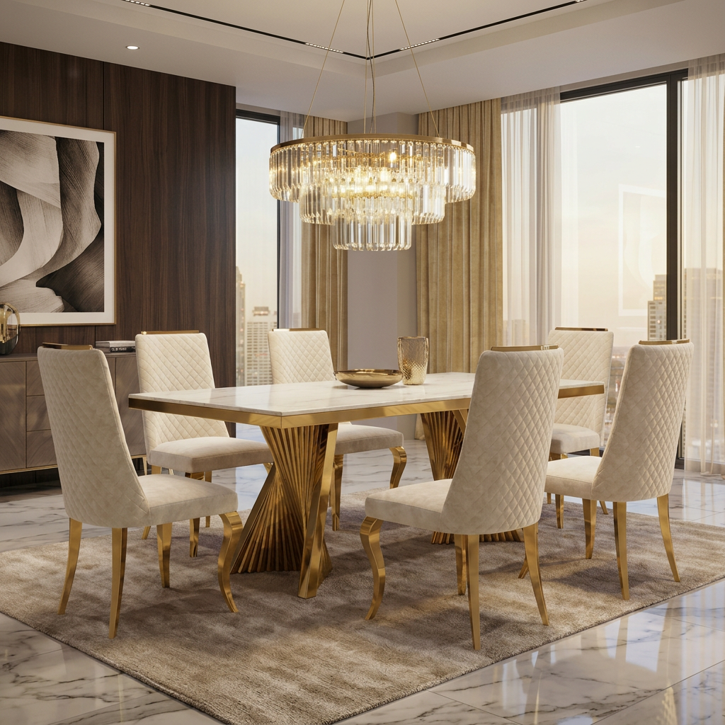 Ravello 180cm Cream & Gold Marble Dining Table