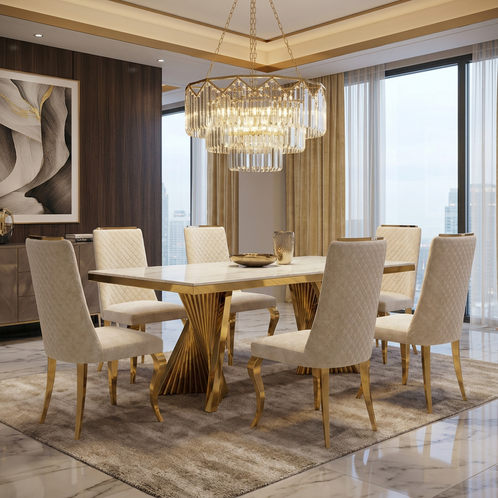 Ravello 180cm Cream & Gold Marble Dining Table