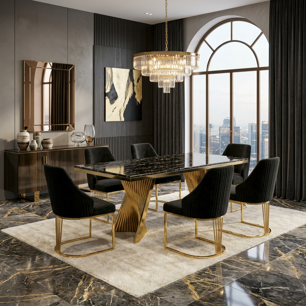 Ravello 180cm Black & Gold Marble Dining Table