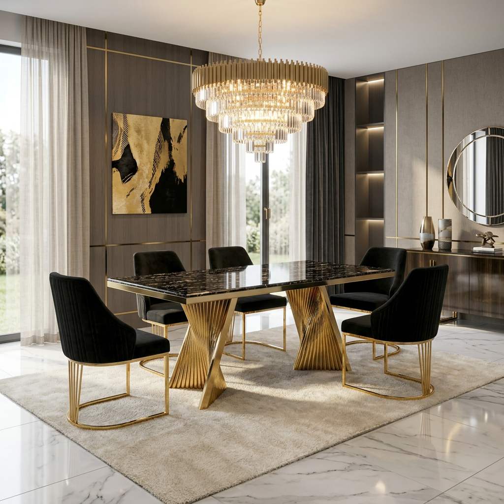 Ravello 180cm Black & Gold Marble Dining Table
