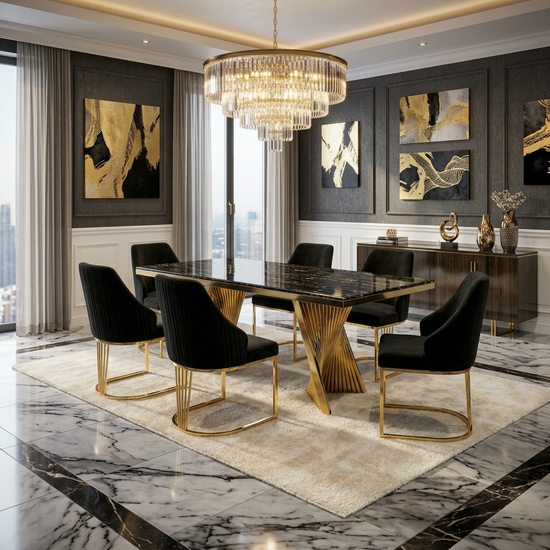 Ravello 180cm Black & Gold Marble Dining Table