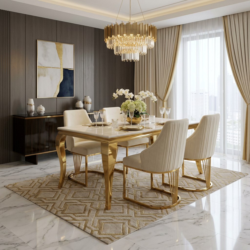 Sofia 150cm Cream & Gold Marble Dining Table