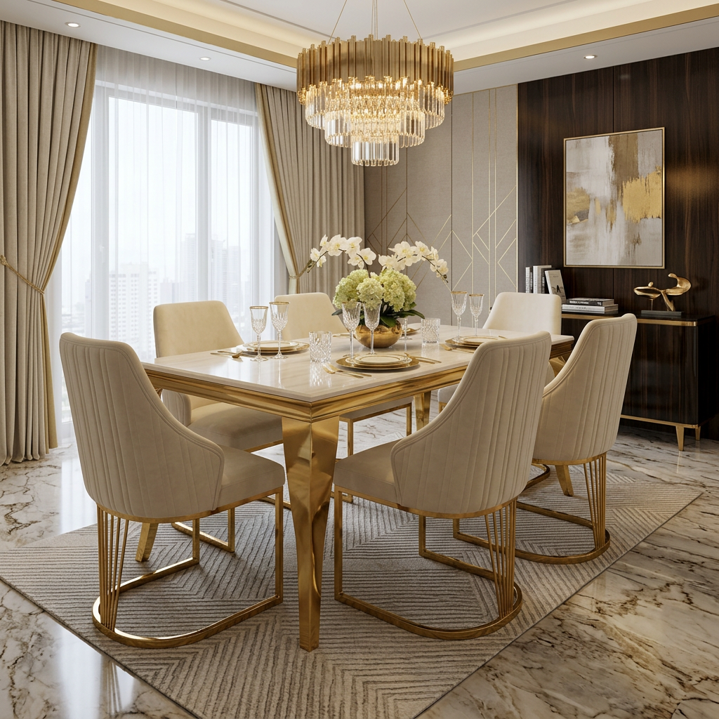 Sofia 150cm Cream & Gold Marble Dining Table
