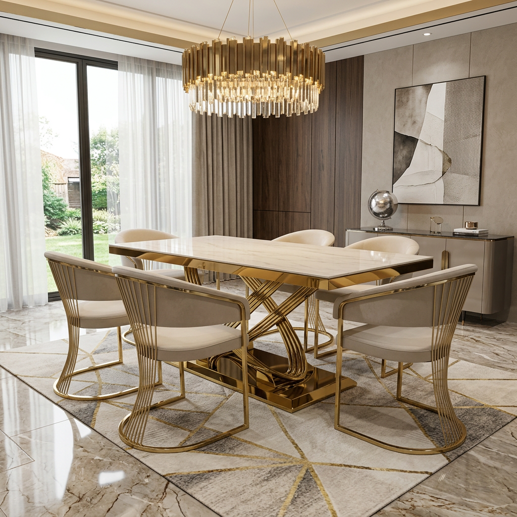 Elina 180cm Cream & Gold Marble Dining Table