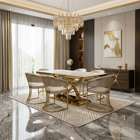 Elina 180cm Cream & Gold Marble Dining Table