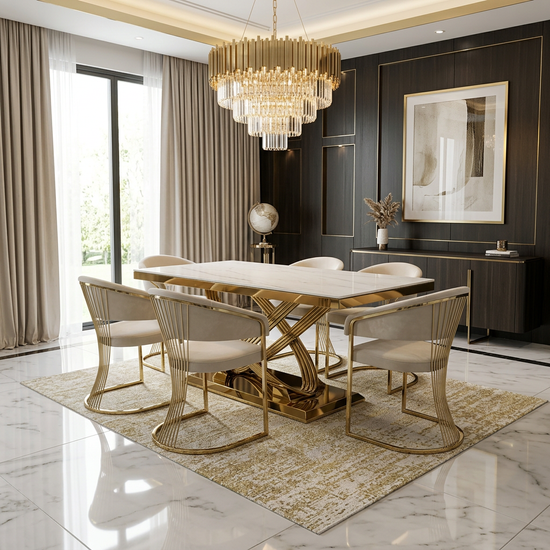 Elina 180cm Cream & Gold Marble Dining Table