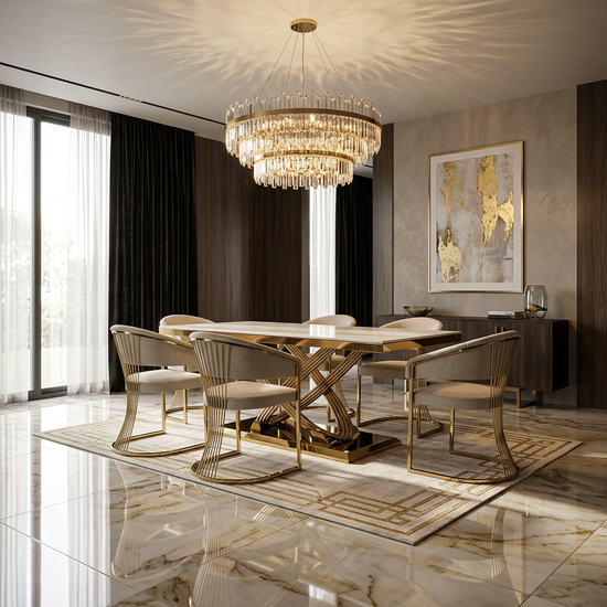Elina 180cm Cream & Gold Marble Dining Table