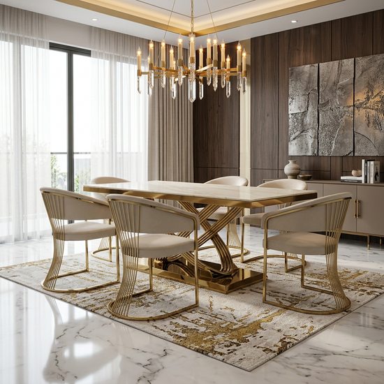 Elina 180cm Cream & Gold Marble Dining Table