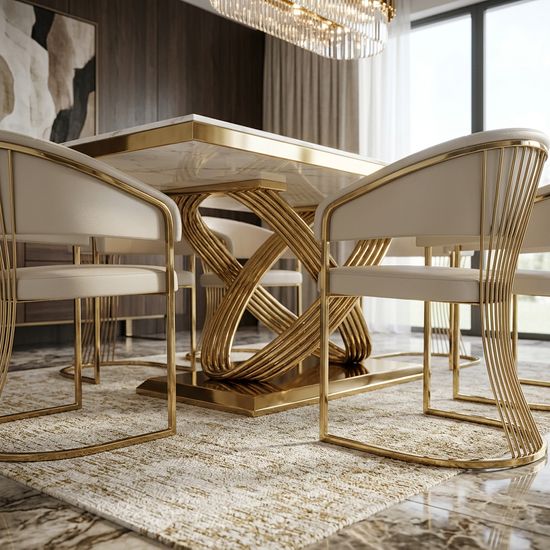 Elina 180cm Cream & Gold Marble Dining Table