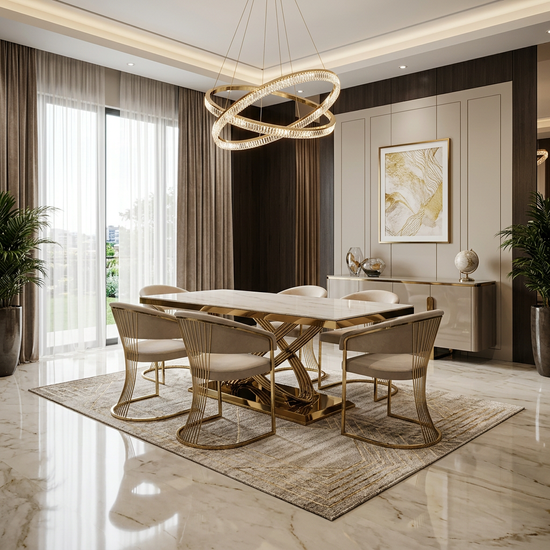 Elina 180cm Cream & Gold Marble Dining Table