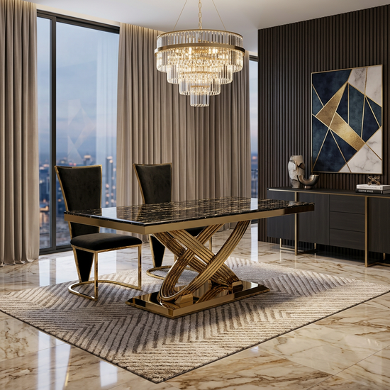 Elina 180cm Black & Gold Marble Dining Table