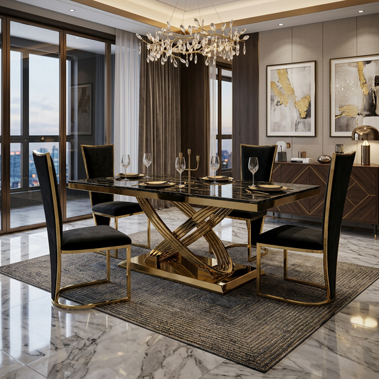 Elina 180cm Black & Gold Marble Dining Table