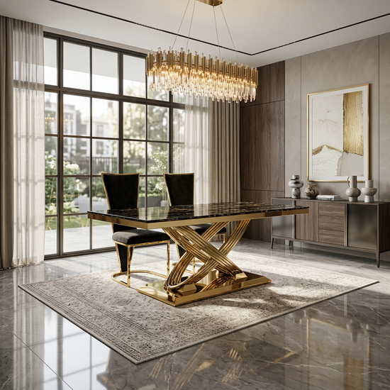 Elina 180cm Black & Gold Marble Dining Table