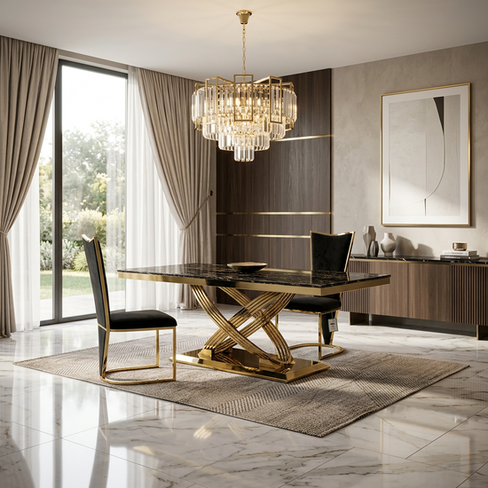 Elina 180cm Black & Gold Marble Dining Table