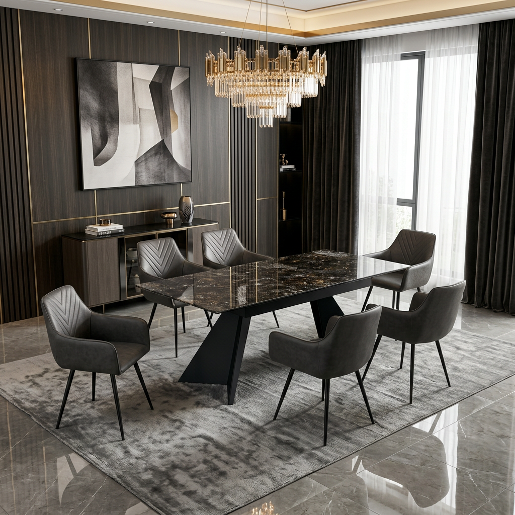 Chicago Black & Gold Ceramic Top Black Metal Base Extendable Table