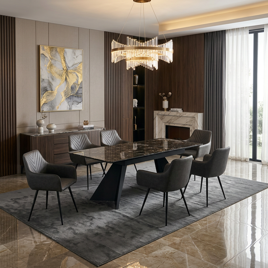 Chicago Black & Gold Ceramic Top Black Metal Base Extendable Table