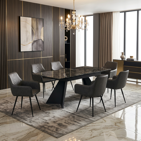 Chicago Black & Gold Ceramic Top Black Metal Base Extendable Table