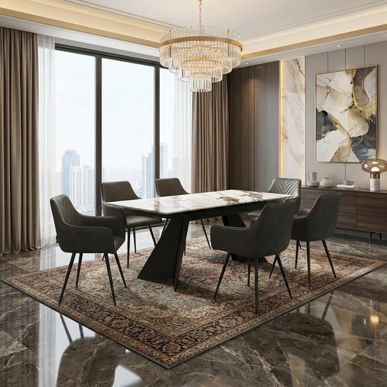 Chicago Cream & Gold Ceramic Top Black Metal Base Extendable Table