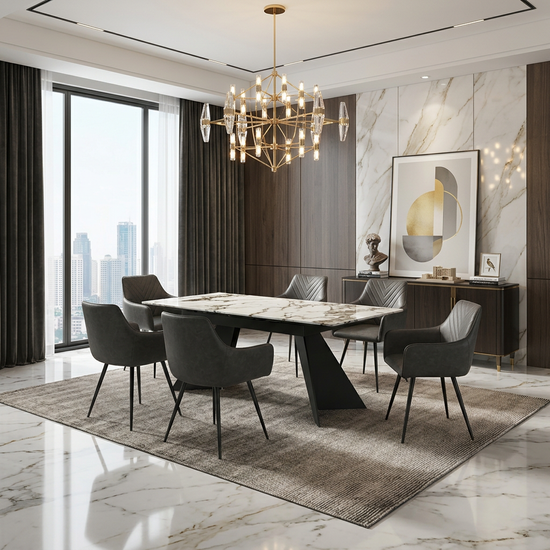 Chicago Cream & Gold Ceramic Top Black Metal Base Extendable Table