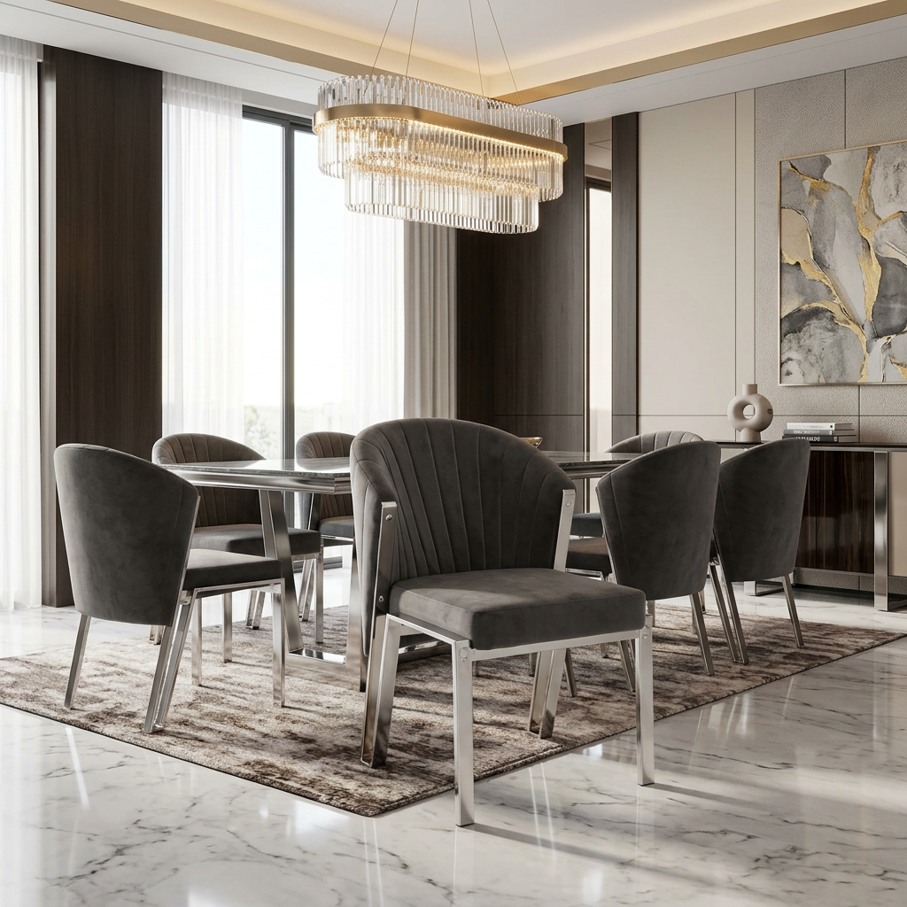 Fabio Dining Chair - Grey Velvet/ Silver