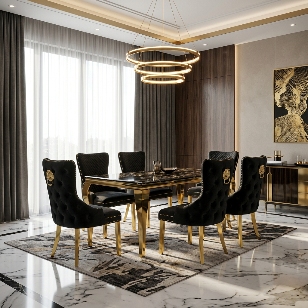 Sofia 1.5m Black & Gold Marble Dining Table