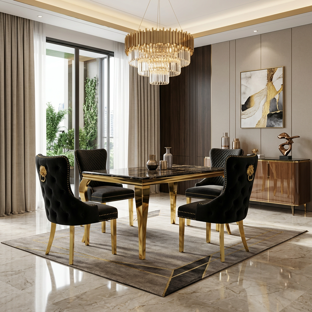 Sofia 1.2m Black & Gold Marble Dining Table