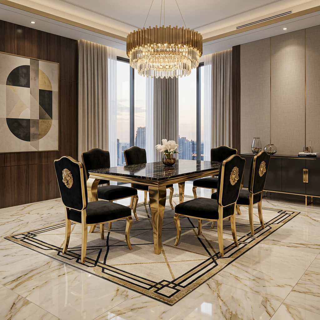 Sofia 1.6m Black & Gold Marble Dining Table