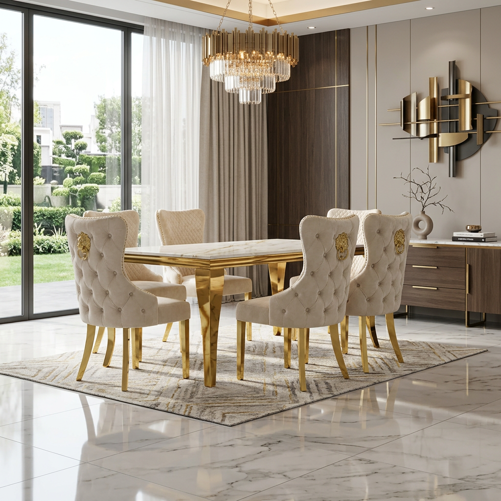 Sofia 1.5m Cream & Gold Marble Dining Table